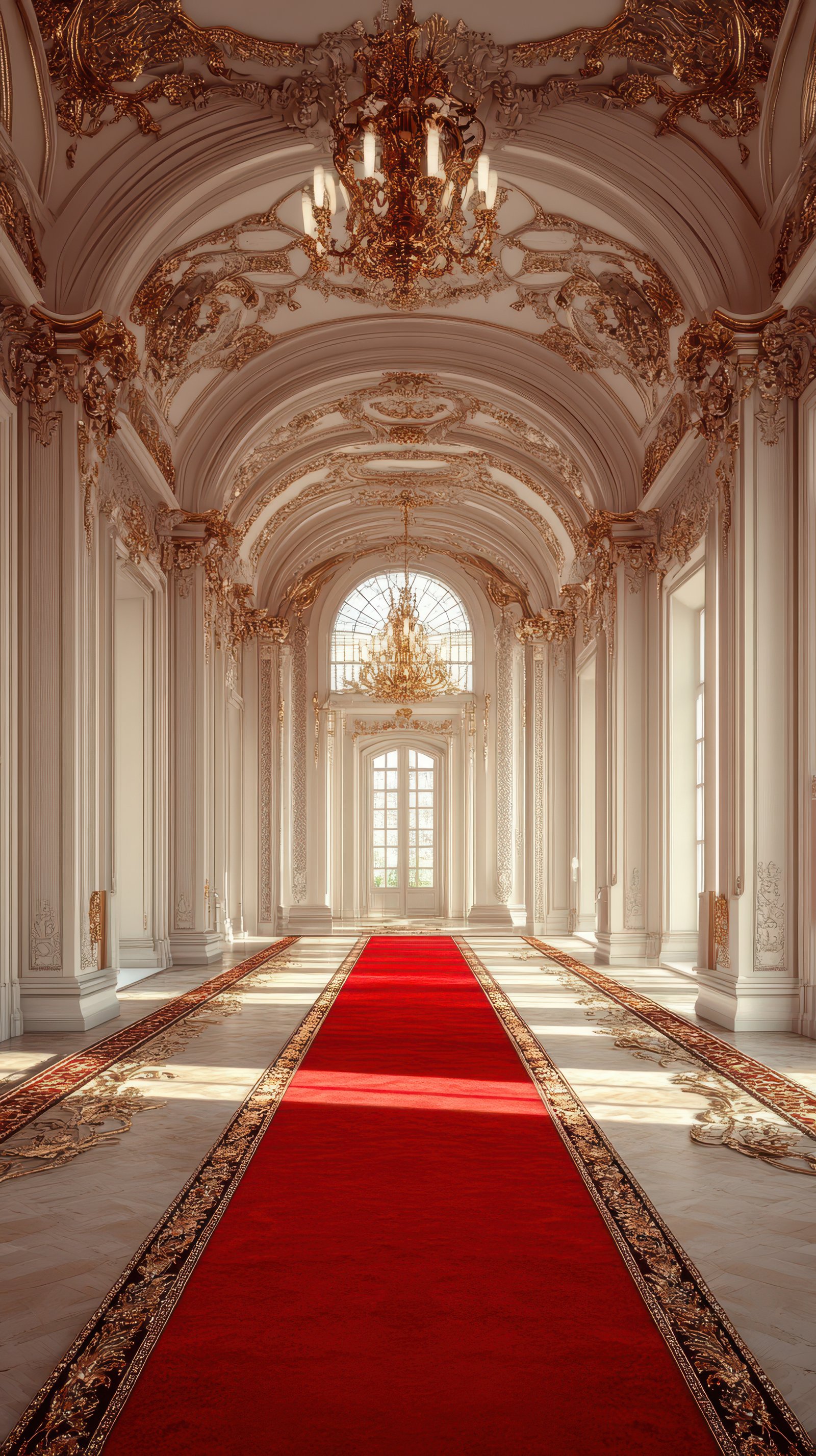 Elegant hall with ornate architecture and a red carpet leading to grand windows during the golden hour